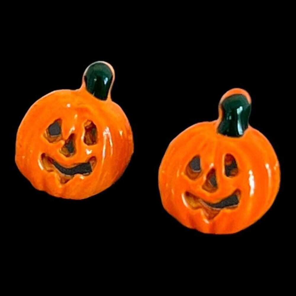 New Vintage Halloween Pierced Earrings Studs Orange Jack-O-Lanterns - 6P